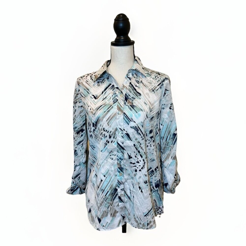 Chico’s Blouse Women’s Size 0 (Small or 4) White Blue Gray Button Down